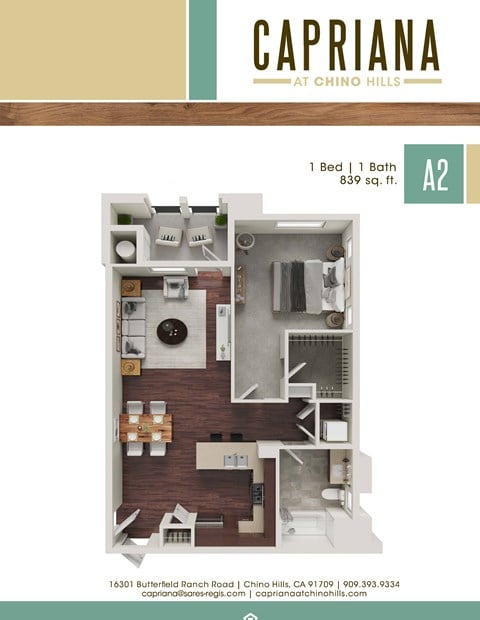 Floor plan for 1 bed, 1 bath, 839 sqft
